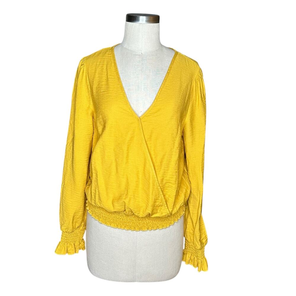 HEM & THREAD Mustard Yellow Surplice V-Neck Smocked Blouse Women's Size‎ Large